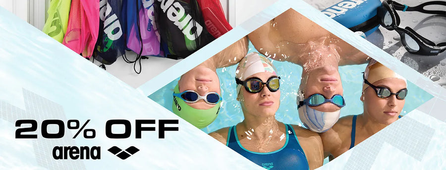 arena swim gear with swimmers wearing goggles and a discount banner.