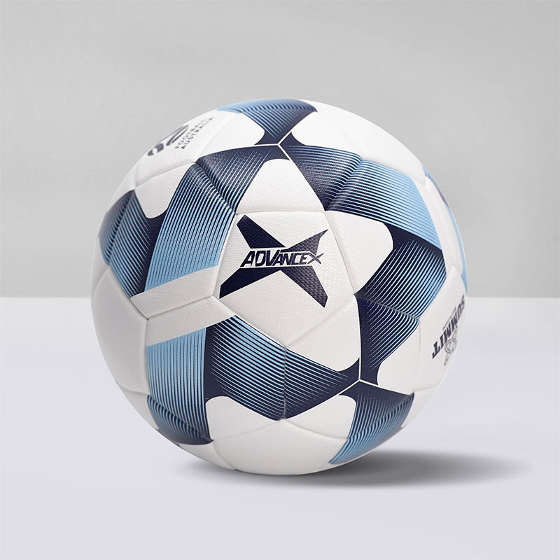 SUMMIT Advance X Soccer ball. White, blue and navy weaving design over the 32 panel soccer ball. Thermally bonded size 5 professional football. Used for both Soccer matches and training by football clubs in Australia