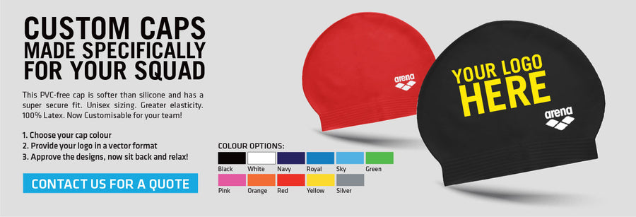 Custom swimming caps made specifically for your squad - contact us to have your logo added to your custom caps