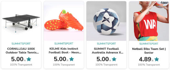 mobile SUMMIT Sport Customer reviews banner showing a range of different sports products with 5 star customer reviews