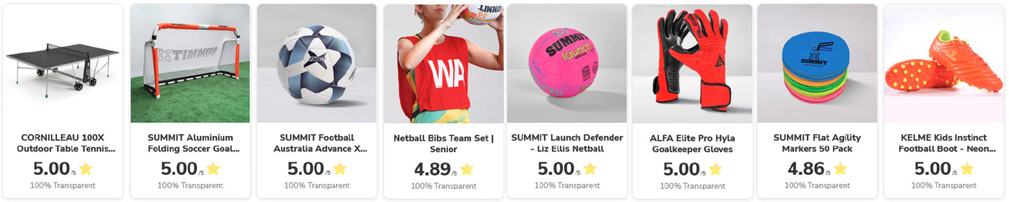 SUMMIT Sport Customer reviews banner showing a range of different sports products with 5 star customer reviews
