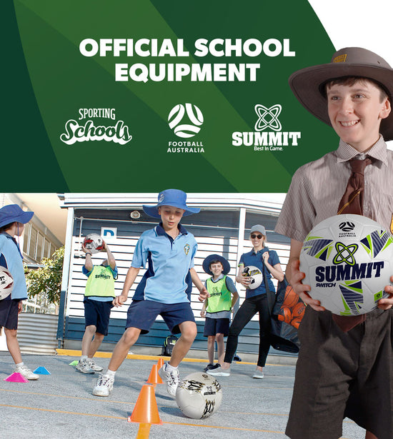 Football australia official school equipment by summit sport. Images of Bownet Goal and School kids playing with Soccer balls.