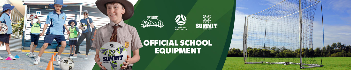 Football australia official school equipment by summit sport. Images of Bownet Goal and School kids playing with Soccer balls.