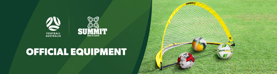 Summit Football Australia Tear Drop Goal on grass, along with a socceroos ball, a matildas ball and a summit football australia resist soccer ball