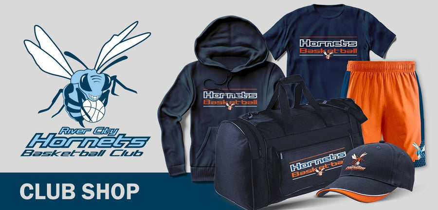 River City Hornets basketball club merch - shorts, t-shirt, polo, hoodie, cap and bag