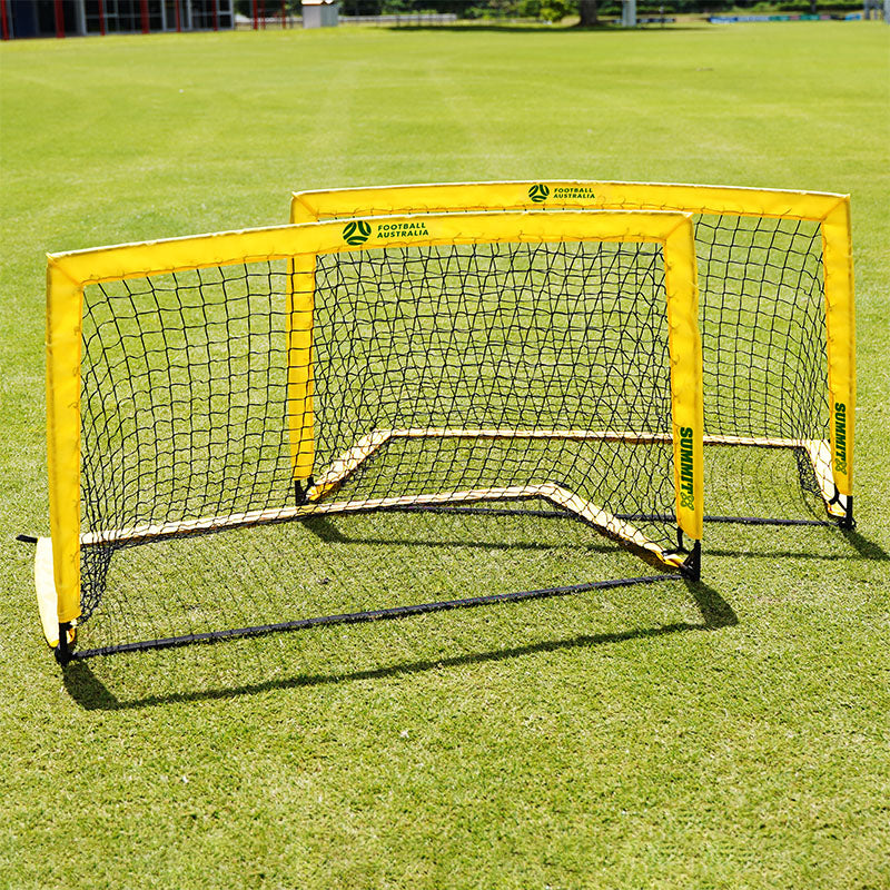 Set of two 4FT SUMMIT x Football Australia rectangular goals on a grass field