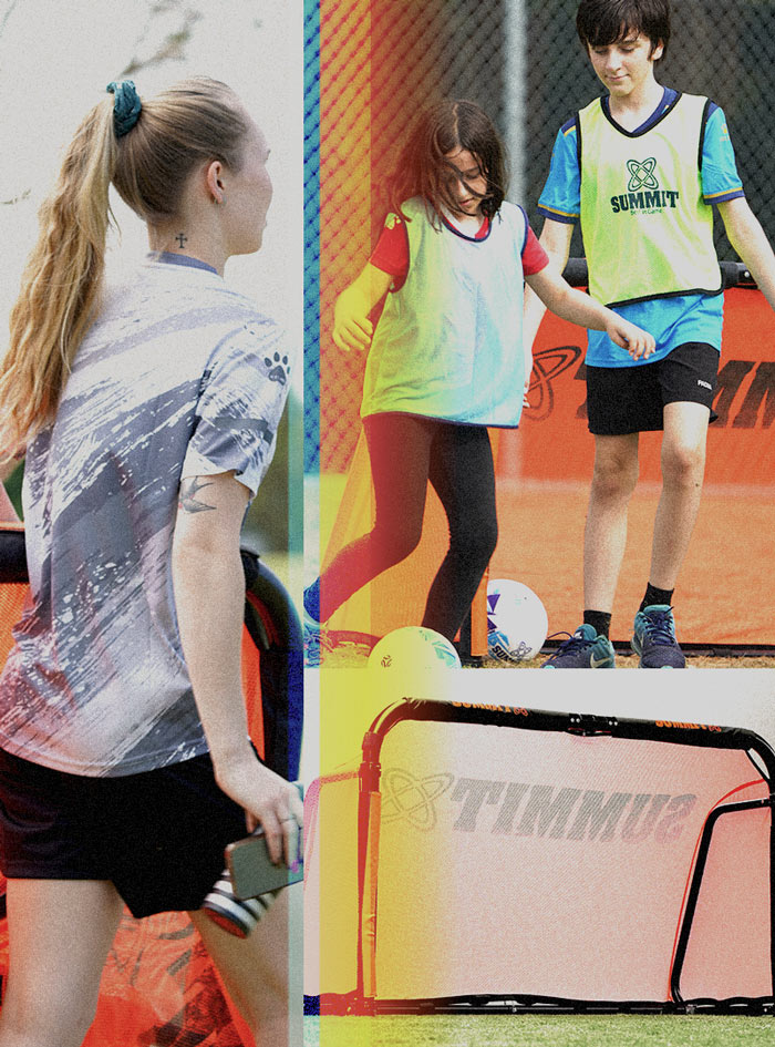 Summit aluminium goal, kids kicking summit soccer ball, girl carrying goal