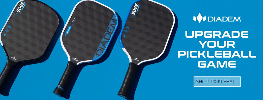 Three Diadem pickleball paddles on a blue background with promotional text.