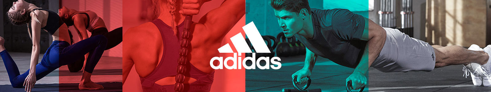 Women in yoga poses on adidas yoga mats, man using adidas push up bars, woman using adidas massage roller for post-workout recovery