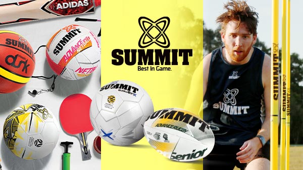 Montage of Summit Sport products and people playing sport. Agility poles, balls and pumps, cricket bats, table tennis, marker cones.