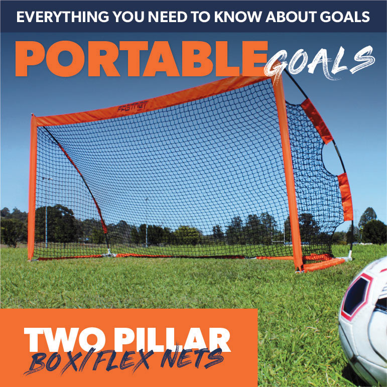 portable soccer goal on grass ready to play a game of football. This banner is a header for flex style soccer goals and what they are used for. 
