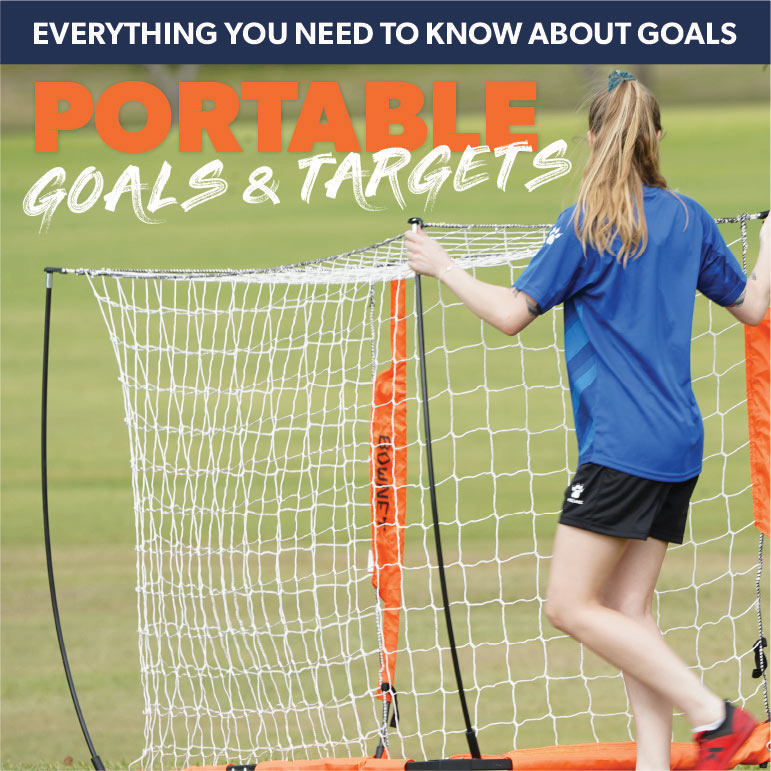Portable goals and targets - clubs, schools and associations improve training, reduce dead grass areas and save money. Girl setting up bownet portable soccer goal for training. Female soccer player getting ready to play using portable soccer goal.