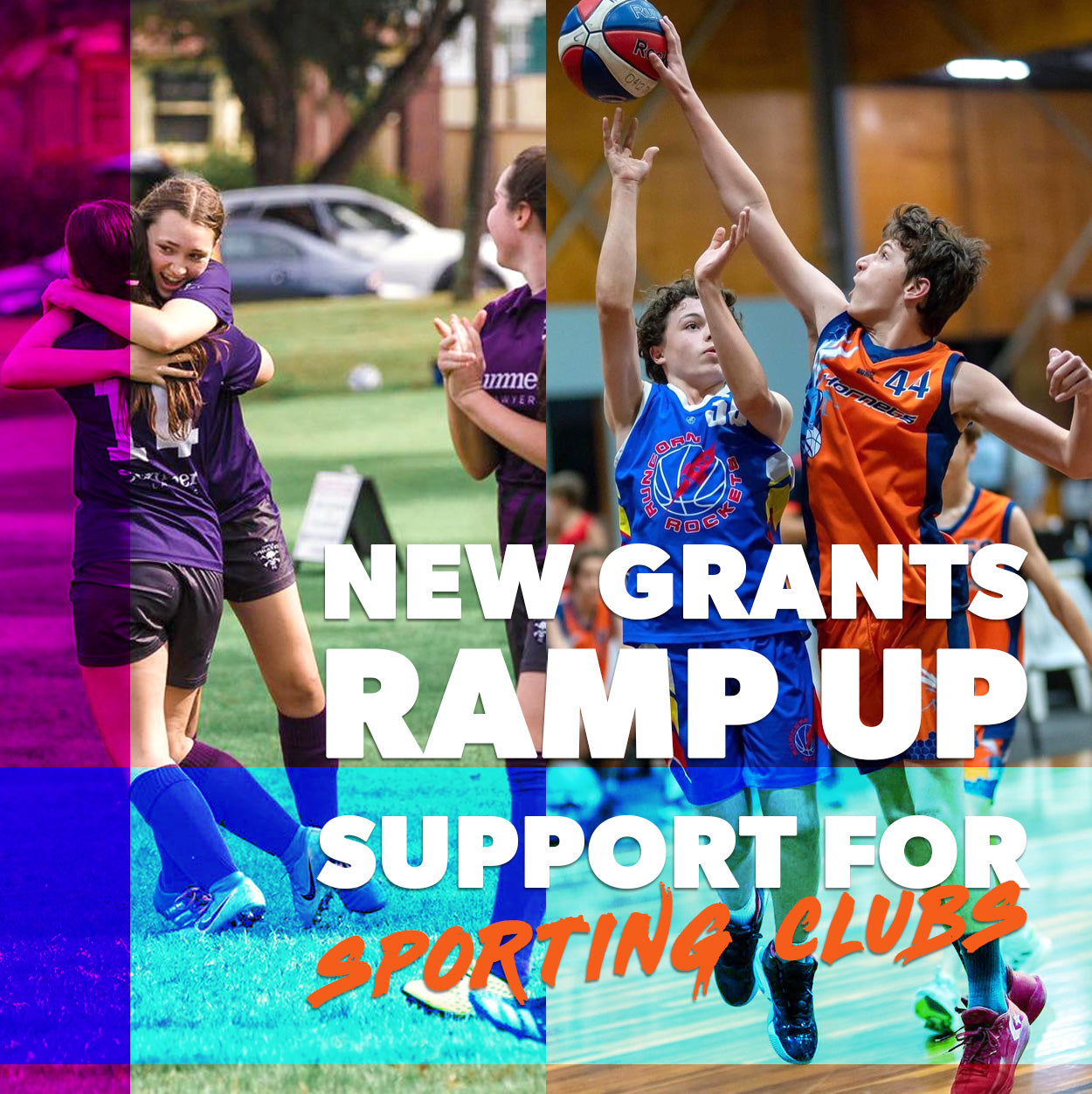 Kids playing sports - soccer and basketball. Grants for victorian clubs to improve sports. Link to Victorian government website which shows all the grants available for Victorian Sports Clubs.