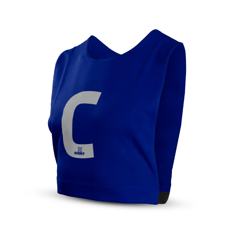 Blue Netball Bib. Centre Netball Bib with Elastic sides in Blue Colour and White C logo