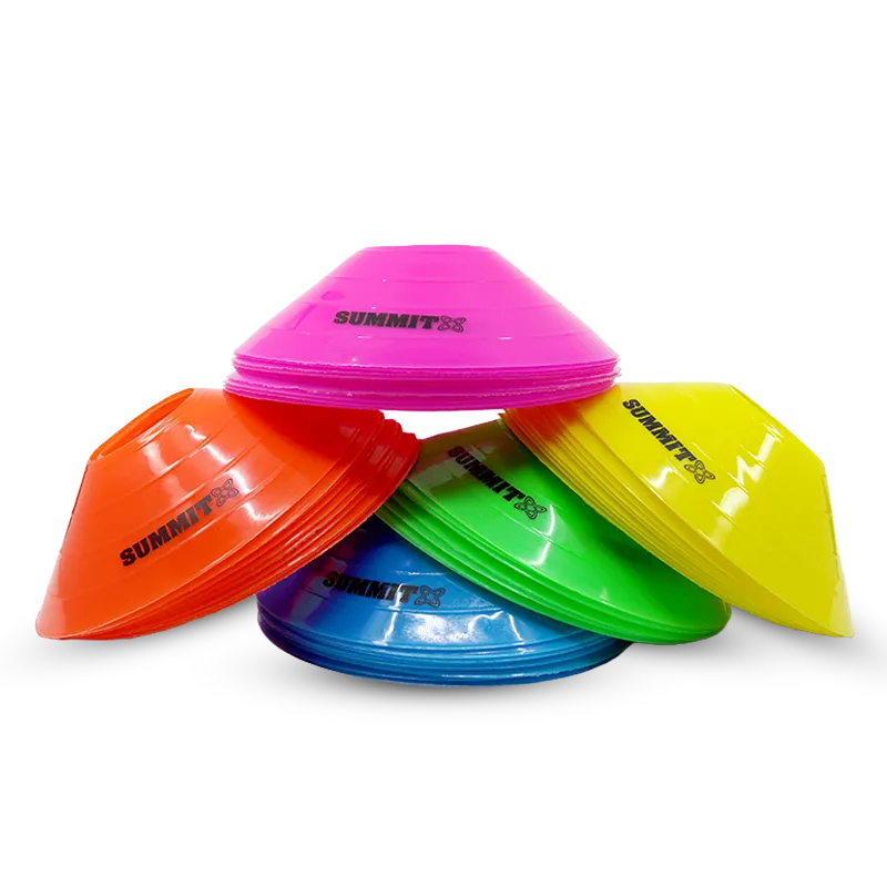 50 pack of sports marker cones in 5 bright colours - orange, yellow, blue, green and pink. For sports training and agility, these sports marker cones are easy to see and flexible for indoor and outdoor games. Used by sports clubs and schools. 