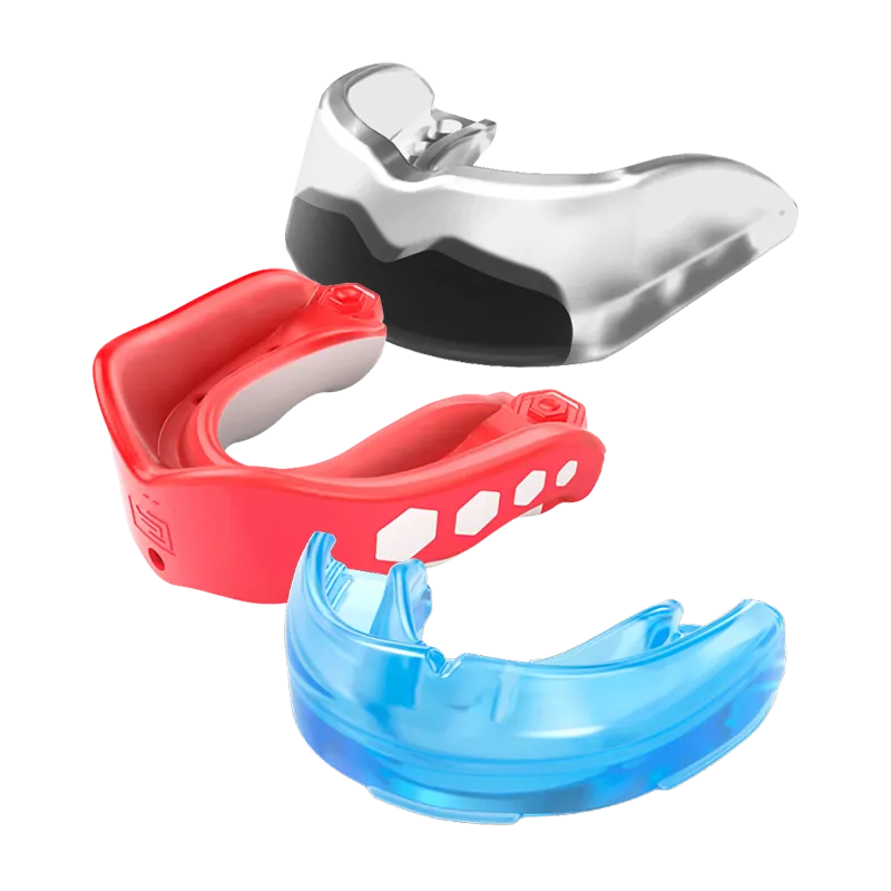 Mouthguards for sports. Black and blue on white background. Shopping for sports guards