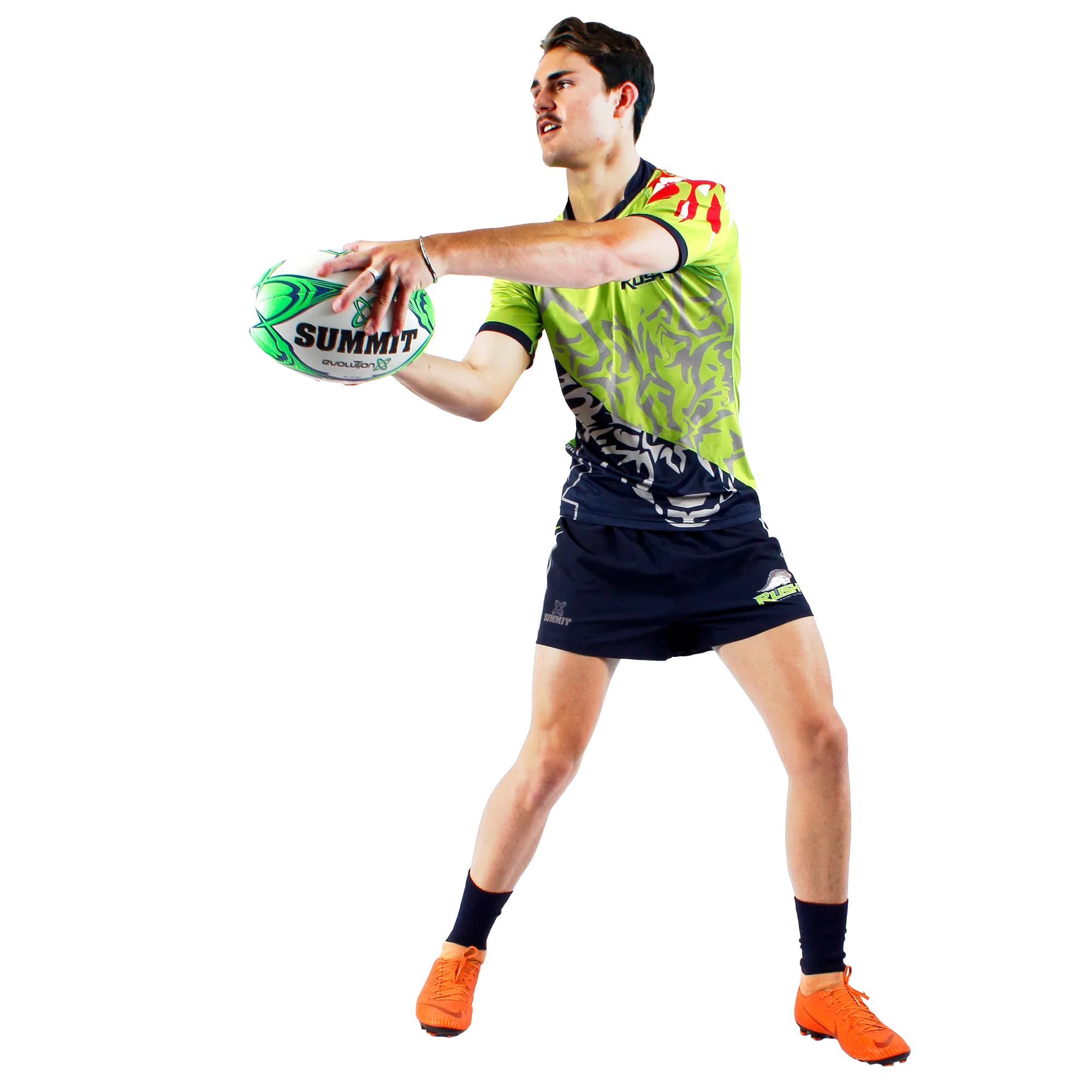 Rugby player holding a SUMMIT Rugby ball. Shop rugby balls, rugby equipment and accessories.