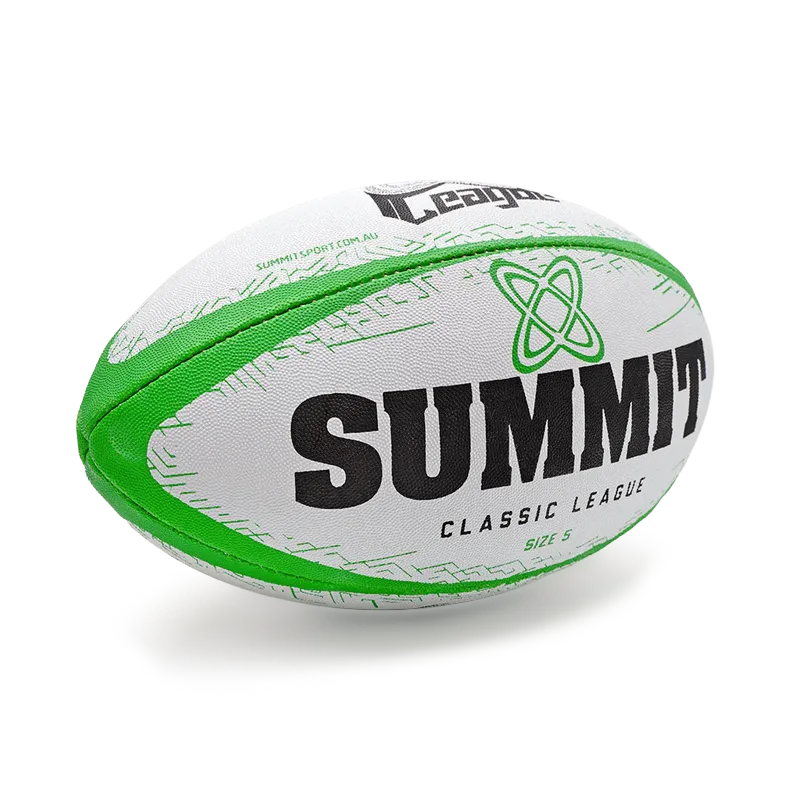 SUMMIT Rugby League Football in size 5. Green and white Rugby League ball