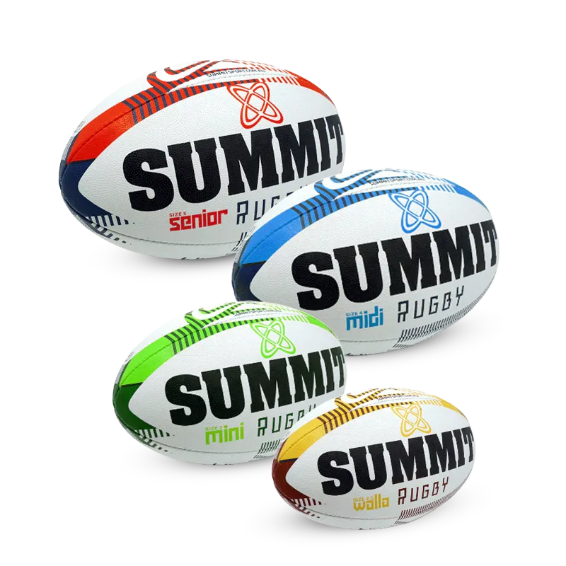 Rugby Union Football size 5 senior. SUMMIT X10 Branded Rugby Union match ball in white, blue and green. 