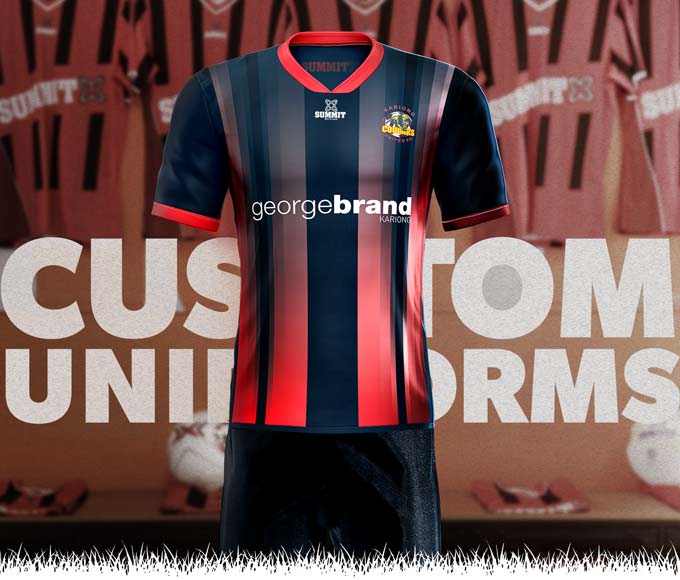 Custom sports apparel. SUMMIT is Australia's supplier of sports apparel, teamwear, kit, uniforms. Massive range to choose from. We will customise your football jersey, team kit, shorts, bibs, hoodies, hats, socks and more  quickly and at best prices. 