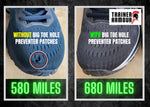 side by side shoe showing the difference when using big toe hole preventer