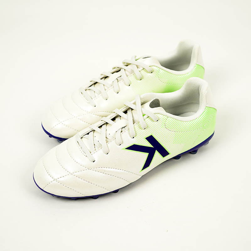 KELME Neo Sr Turf Boots for artificial surfaces - in green and white colour. Side view of a pair.