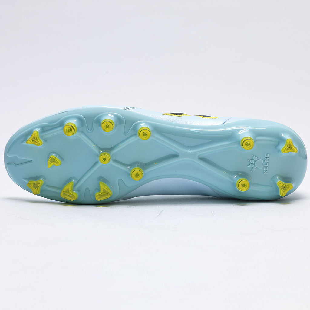 KELME Kanga X Football Boots in sky blue, showing the studs and pattern on sole of shoe