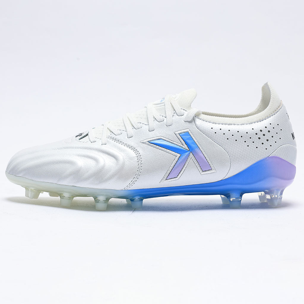 KELME Kanga X Football Boots in white and blue, side view of single shoe