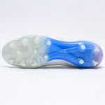 KELME Kanga X Football Boots in white and blue, showing the studs and pattern on sole of shoe
