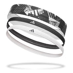 Set of 3 adidas headbands in black and white, designed for moisture-wicking and sweat control during workouts.