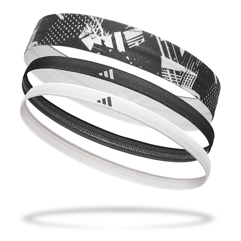 Set of 3 adidas headbands in black and white, designed for moisture-wicking and sweat control during workouts.