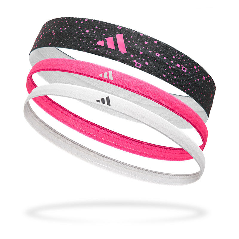 Set of 3 adidas headbands in black, pink, and white, designed for moisture-wicking and sweat control during workouts.