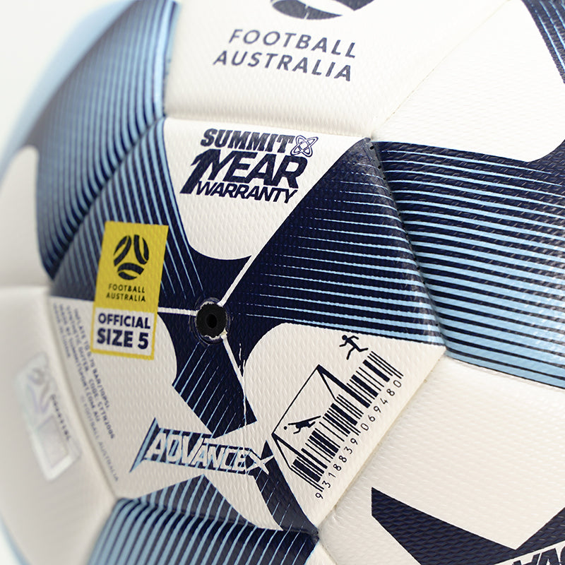 Close up of the valve panel, size and warranty info for a size 5 soccer ball. SUMMIT Advance X Soccer ball. White, blue and navy weaving design over the 32 panel soccer ball. Thermally bonded professional football in size 5 and size 4. Used for both Soccer matches and training by football clubs in Australia
