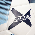 Advance X soccer ball by SUMMIT Sport. Logo is printed in Navy on white vimini textured PU material. 32 panel ball with hexagon style panel. Thermally bonded means no stitching on this professonal soccer ball.