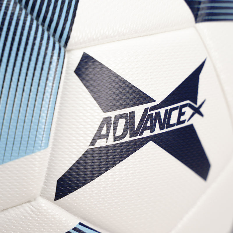 Advance X soccer ball by SUMMIT Sport. Logo is printed in Navy on white vimini textured PU material. 32 panel ball with hexagon style panel. Thermally bonded means no stitching on this professonal soccer ball.