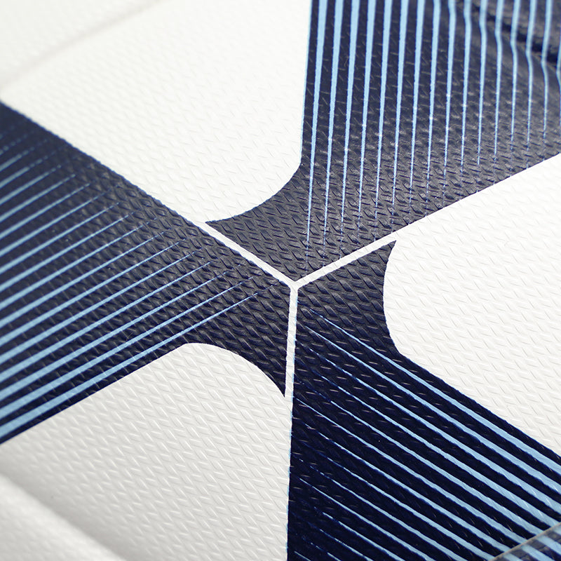 The quality of printing and weave of the PU material on the SUMMIT Advance X soccer ball. Deign is Navy and blue on white soccer ball panel. 