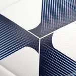 The quality of printing and weave of the PU material on the SUMMIT Advance X soccer ball. Deign is Navy and blue on white soccer ball panel. 