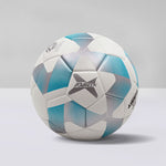 SUMMIT Advance X Soccer ball. White, blue and silver weaving design over the 32 panel soccer ball. Thermally bonded size 4 professional football. Used for both Soccer matches and training by football clubs in Australia.