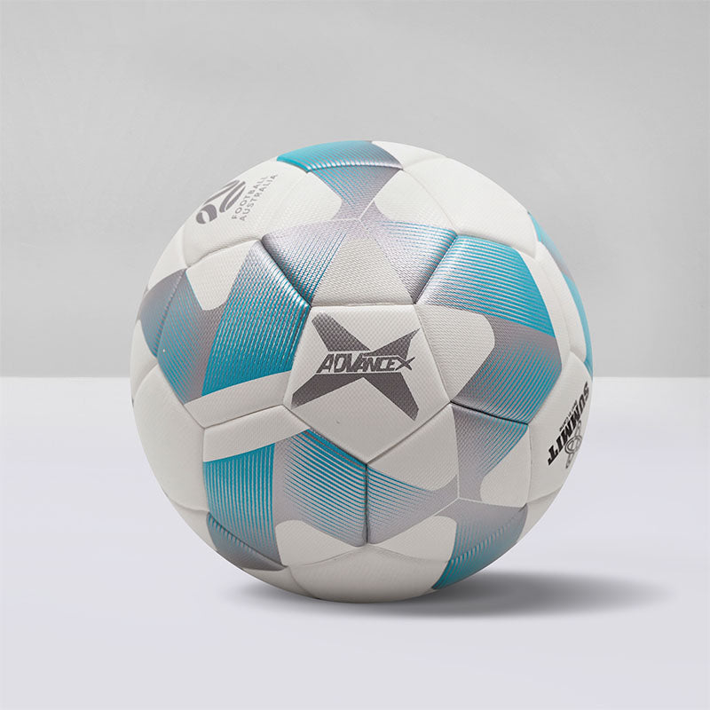 SUMMIT Advance X Soccer ball. White, blue and silver weaving design over the 32 panel soccer ball. Thermally bonded size 4 professional football. Used for both Soccer matches and training by football clubs in Australia.