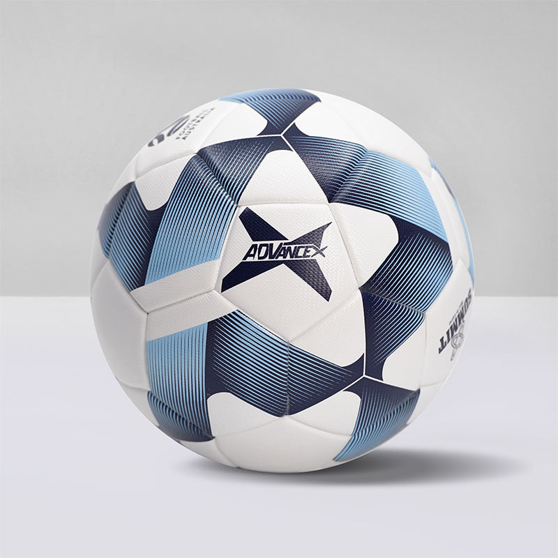 SUMMIT Advance X Soccer ball. White, blue and navy weaving design over the 32 panel soccer ball. Thermally bonded size 5 professional football. Used for both Soccer matches and training by football clubs in Australia