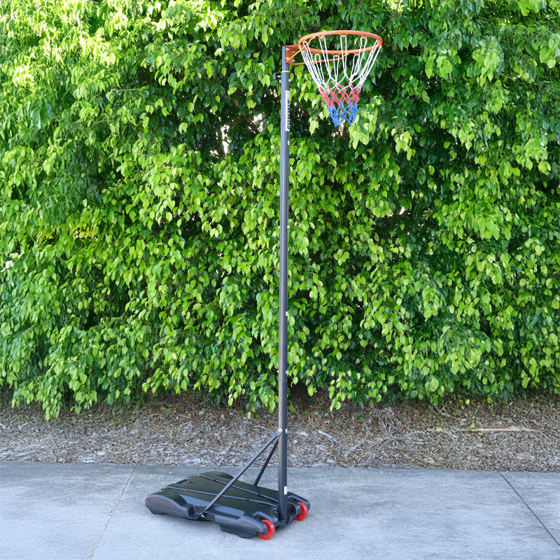 Netball stand against a leafy green background