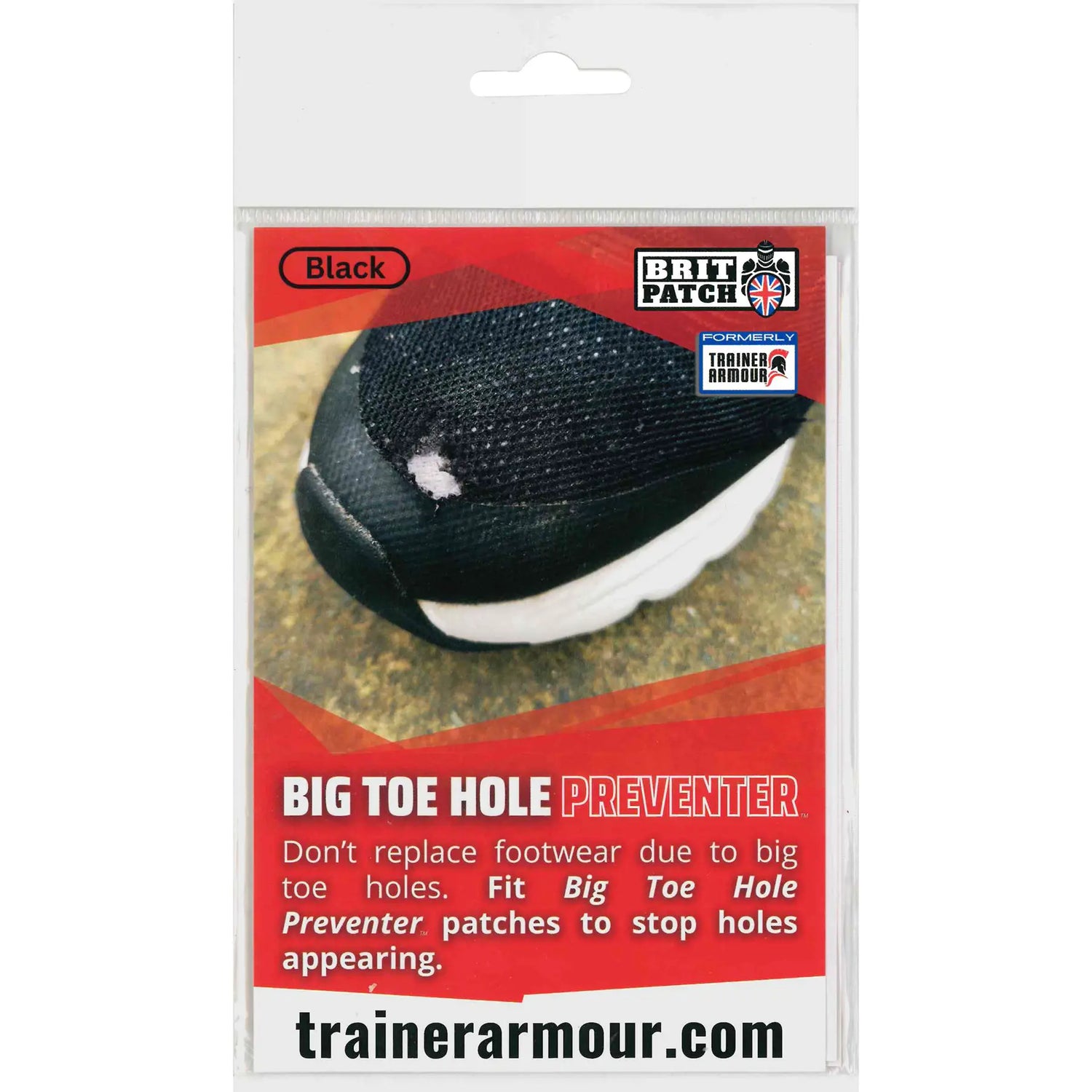 Packaged Big Toe Hole Preventer in black with visible branding on a white background