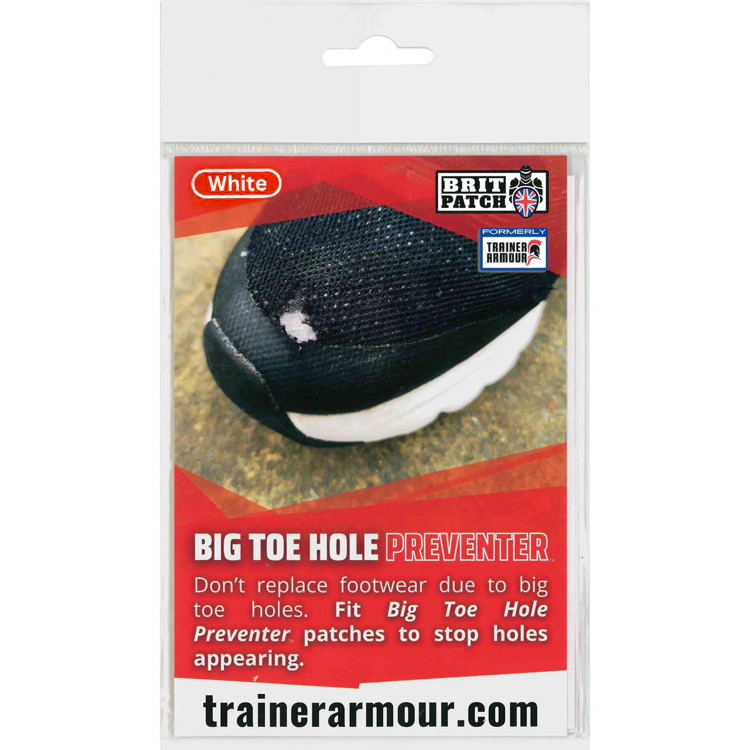 Packaging of a big toe hole preventer in white with a red label and white background.