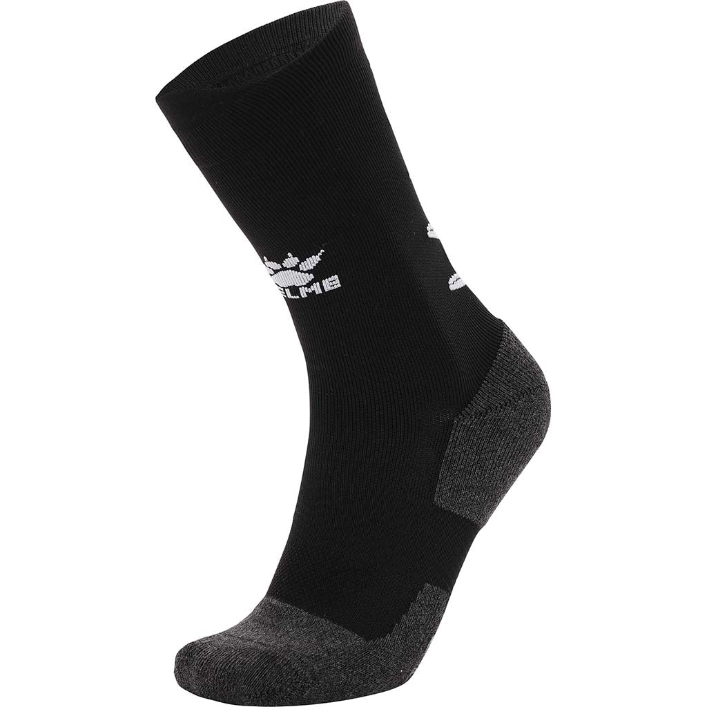 Black Crew sock with non slip grip pads. Crew length sock by kelme in Black from front angle. 