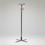 Netball ring and hoop system with black metal frame and white, red and blue net.