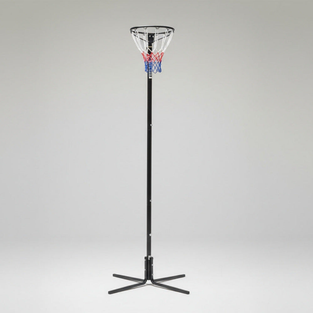 Netball ring and hoop system with black metal frame and white, red and blue net.
