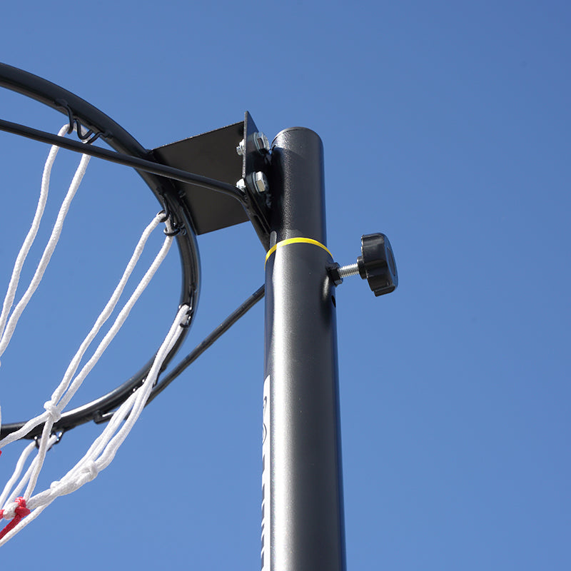 Netball ring with net against a clear blue sky