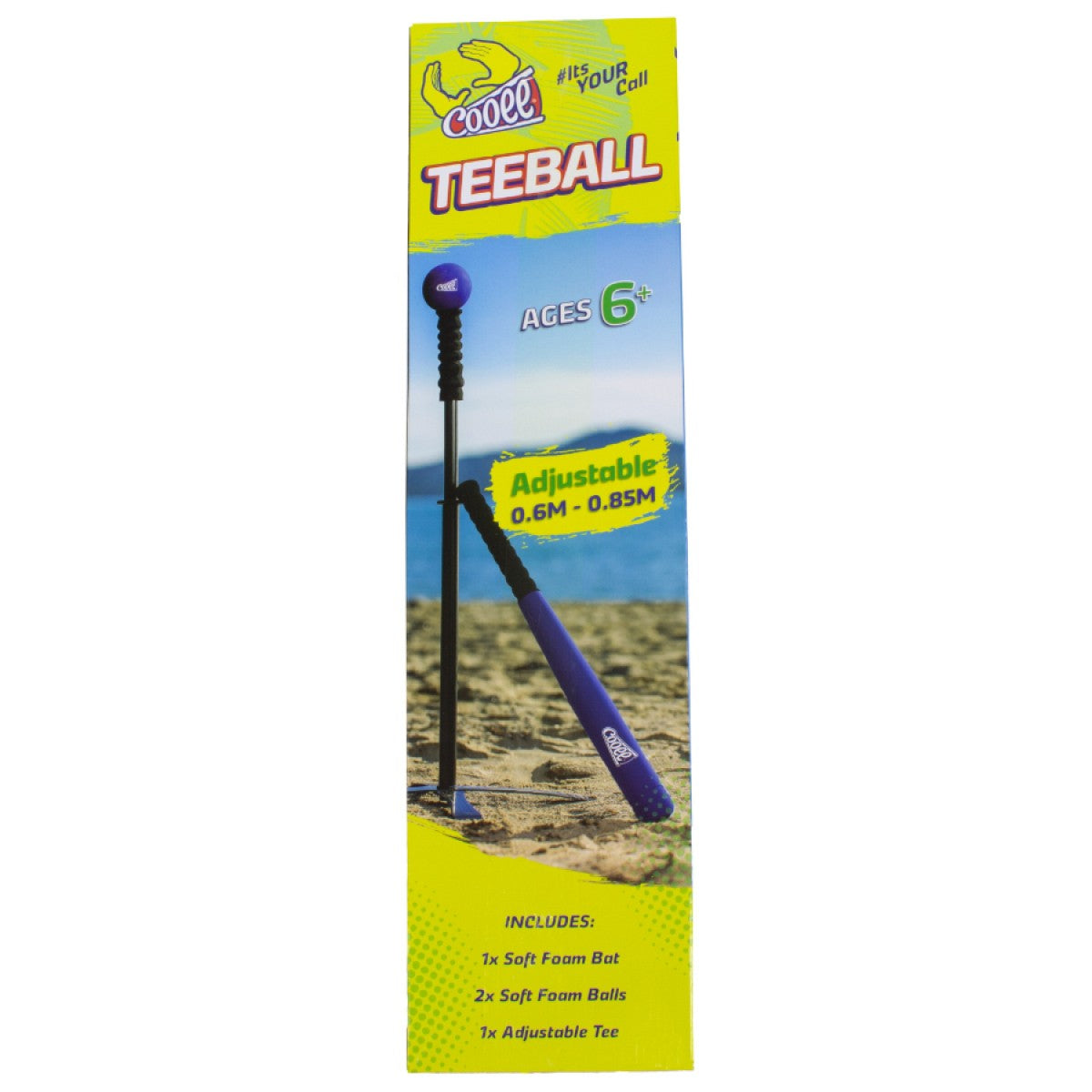 Teeball set packaging with bat, balls, and adjustable tee on a white background