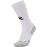 White Crew sock with non slip grip pads. Crew length sock by kelme in white from front angle. 