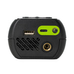 Electronic pump top - close up of USB ports and needle insertion point on electric tyre pump. Has a flash light that can be used as a torch or flashing light for safety. USB power bank can charge mobile phones and small devices.